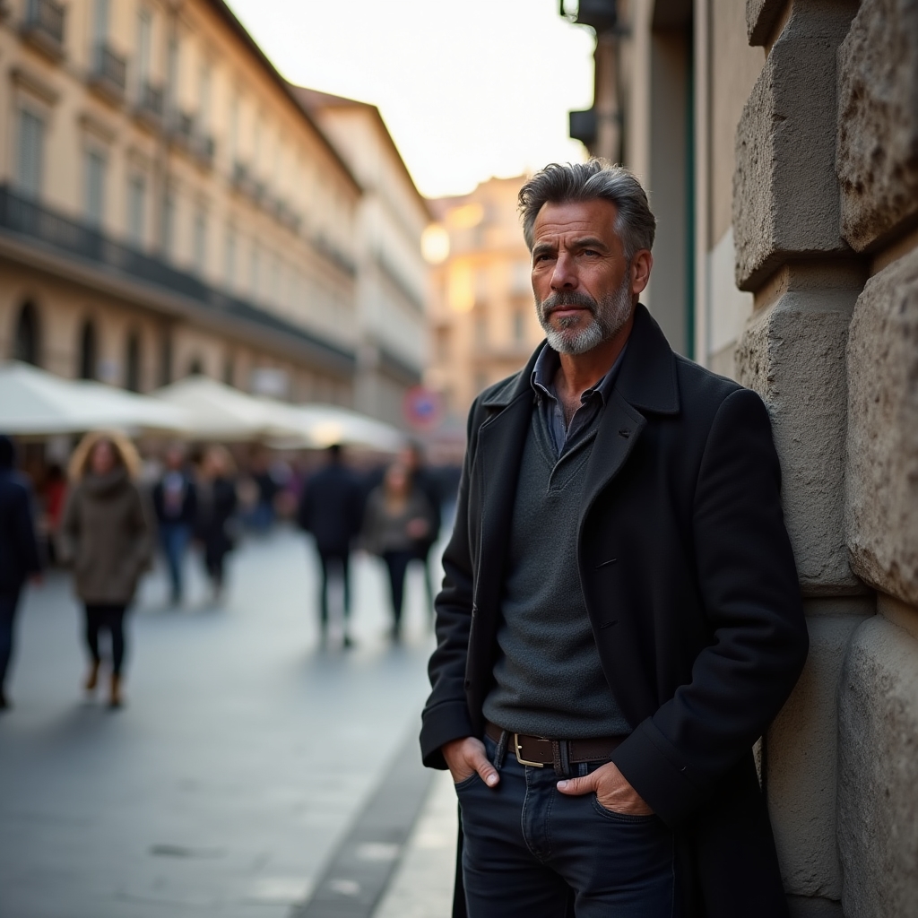 Adulto che cammina con attenzione consapevole in un ambiente urbano affollato di Milano, sguardo attento e postura aperta